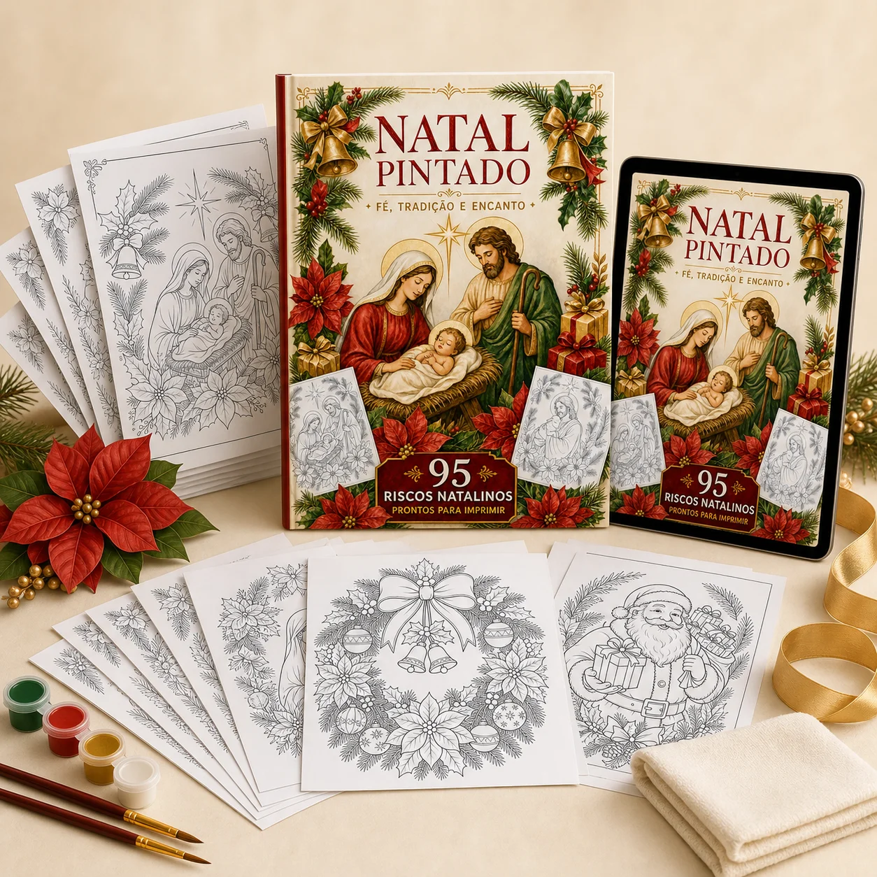 Capa do Natal Pintado com 95 riscos natalinos, folhas impressas e versão digital no tablet