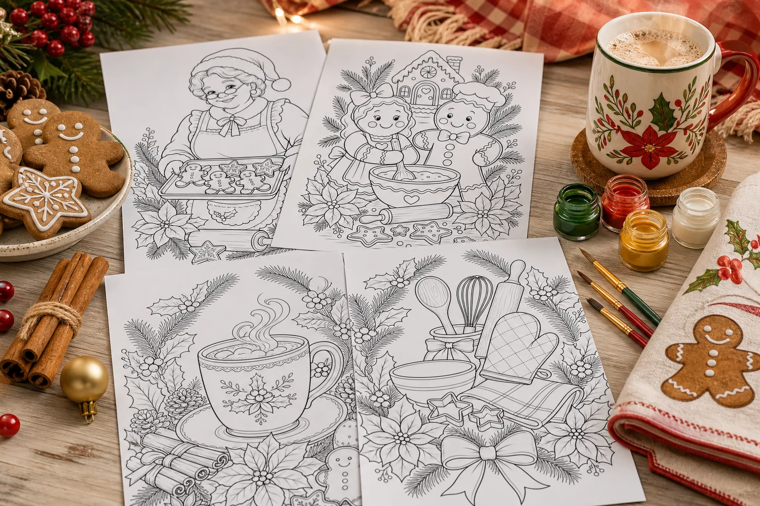 Riscos de Natal da categoria Cozinha: Mamãe Noel, casal de biscoito de gengibre e xícara de chocolate quente