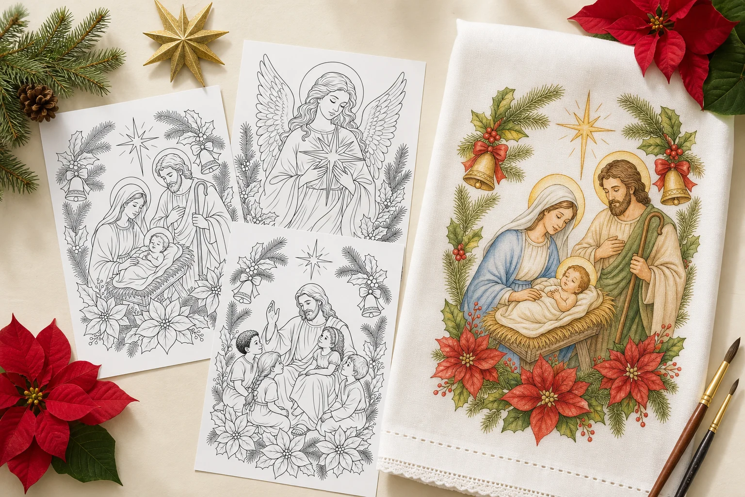 Riscos de Natal da categoria Fé: sagrada família, anjo e Jesus com as crianças, ao lado de pano de prato pintado com a natividade