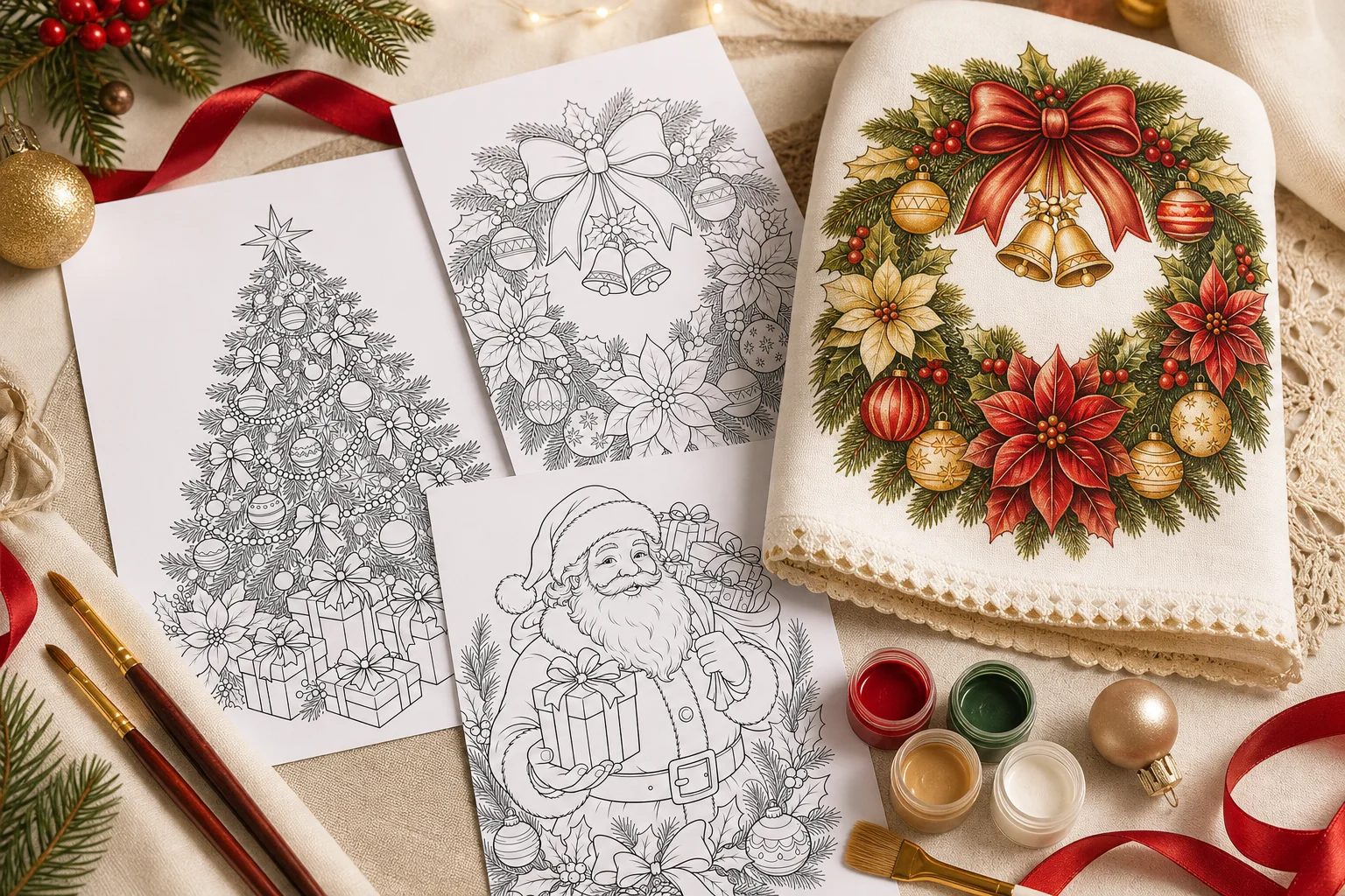 Riscos de Natal da categoria Tradição: árvore, guirlanda e Papai Noel, ao lado de pano pintado com guirlanda de Natal